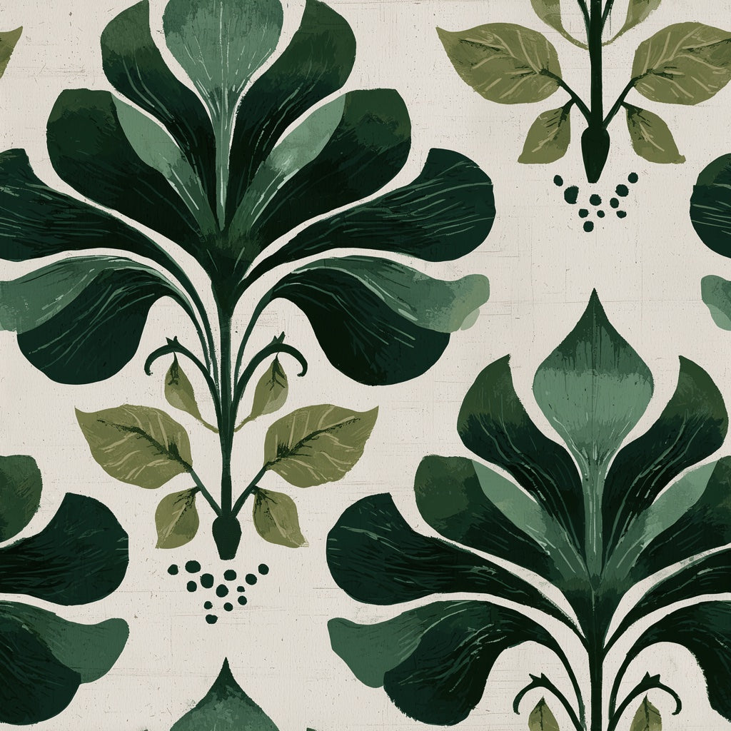 Botanical Wallpaper Green Leaves Block Print Removable Wall Decor pattern artwork