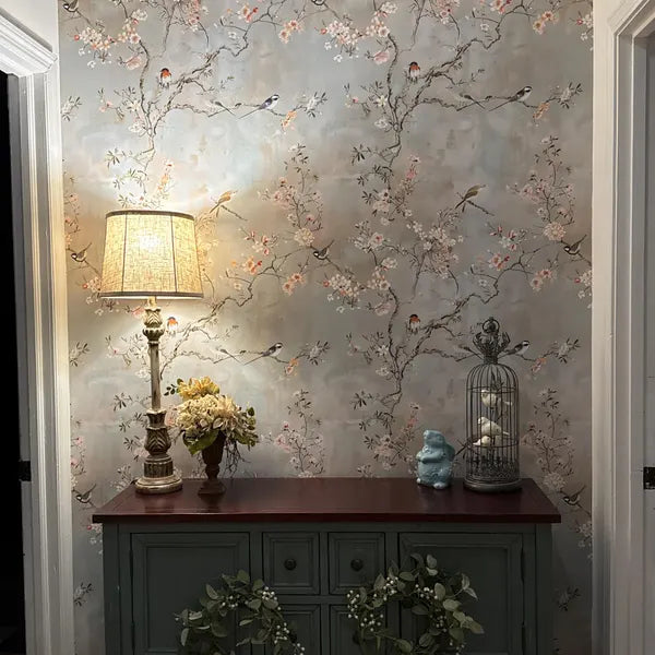Soft Beige Cherry Blossom and Bird Wallpaper in Laura J.'s home