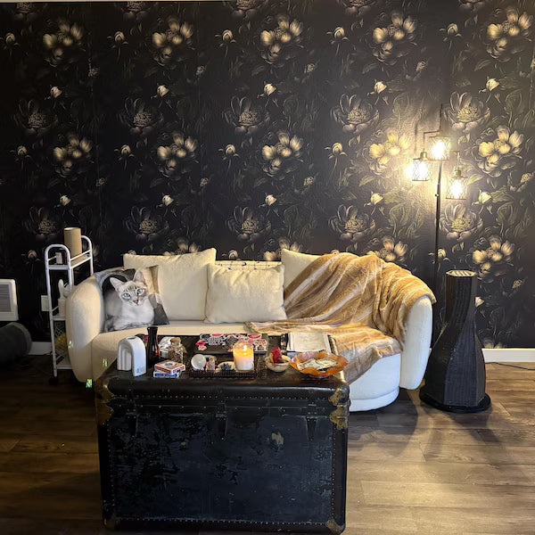 Charcoal Black Large Peony Floral Wallpaper in Eden's home