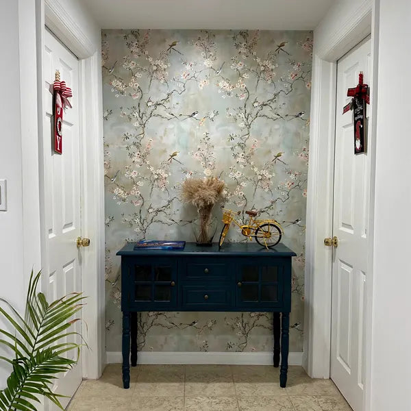Soft Beige Cherry Blossom and Bird Wallpaper in Gursimran K.'s home