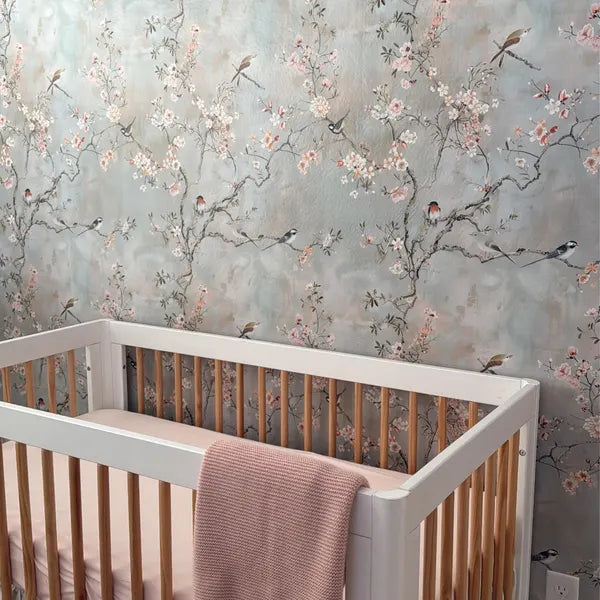 Soft Beige Cherry Blossom and Bird Wallpaper in Darris G.'s home