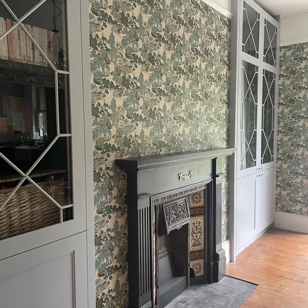 Beige Chinoiserie Landscape Wallpaper in Charlotte's home