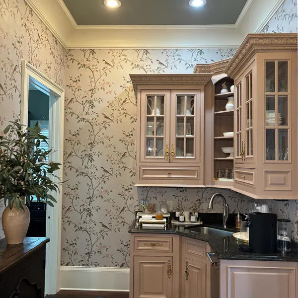 Cream Background Bird and Blossom Botanical Wallpaper in Gaytha S.'s home