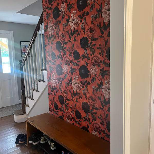 Burnt Orange and Black Large Floral Wallpaper in Jackie's home