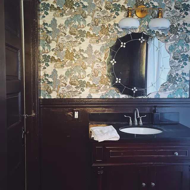 Beige Chinoiserie Landscape Wallpaper in Amy M.'s home