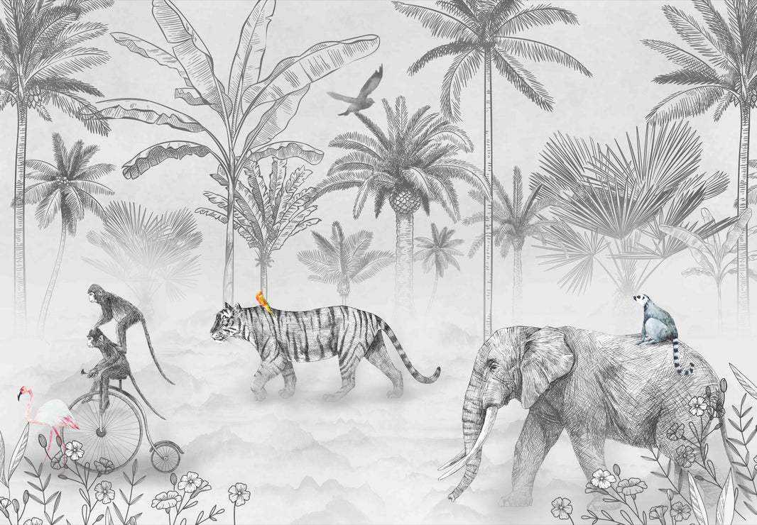 Exotic Jungle Animals Monochrome Wall Mural pattern artwork