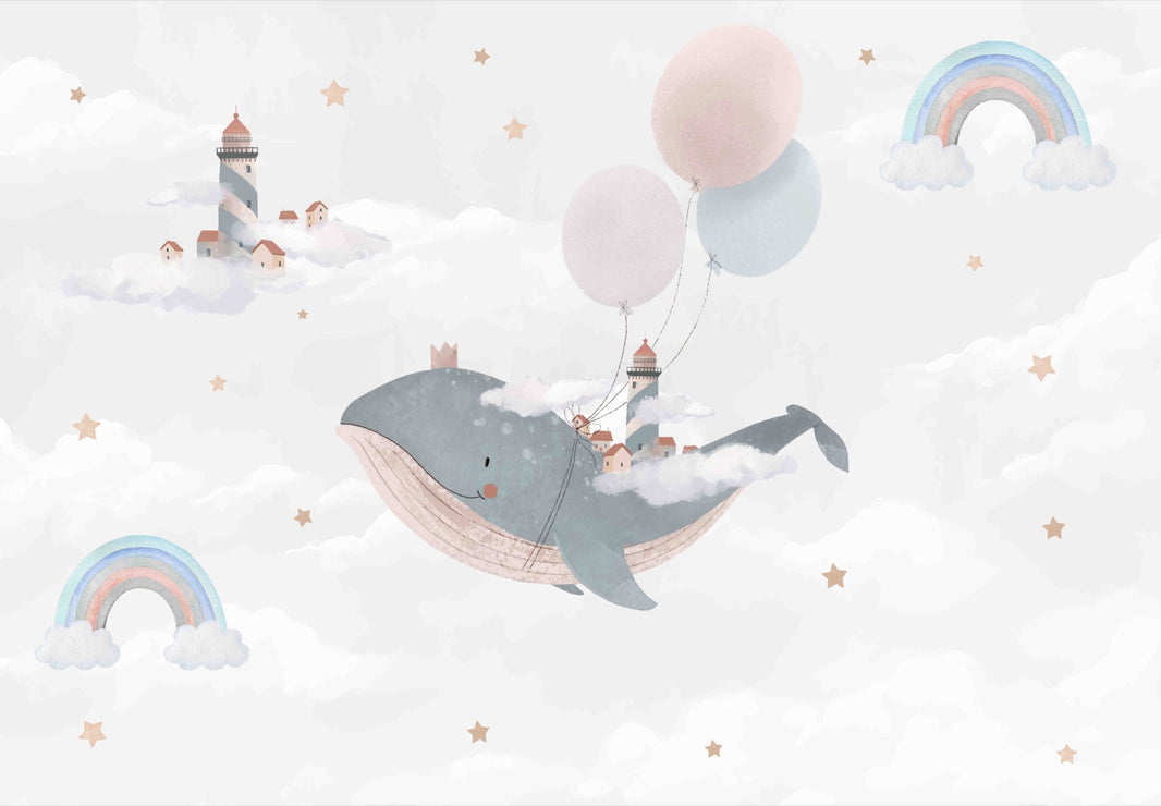 Whimsical Whale and Balloon Cloud Kids Mural pattern artwork