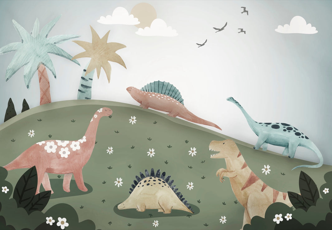 Whimsical Green Dinosaur Kids Wall Mural pattern artwork