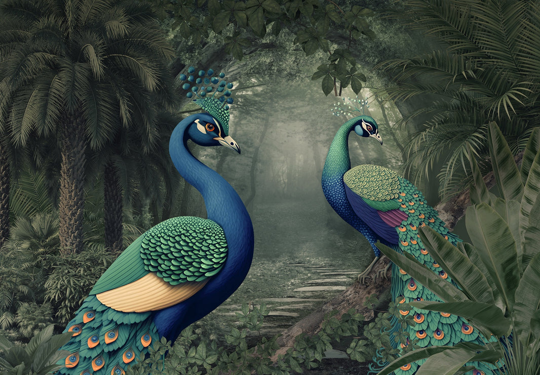 Colorful Peacock and Jungle Scene Wallpaper Mural pattern artwork
