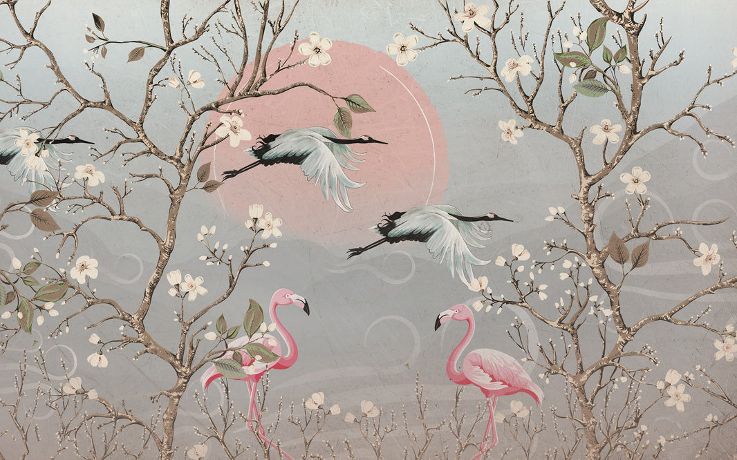 Gray and Pink Cherry Blossom Crane Wall Mural pattern artwork