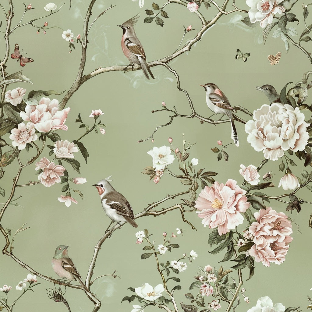 Soft Green Botanical Peonies and Birds Wallpaper pattern artwork