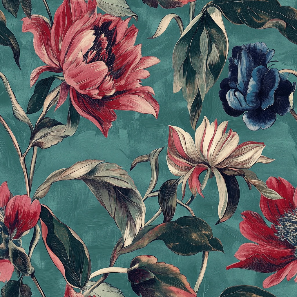 Teal and Burgundy Large Floral Wallpaper pattern artwork