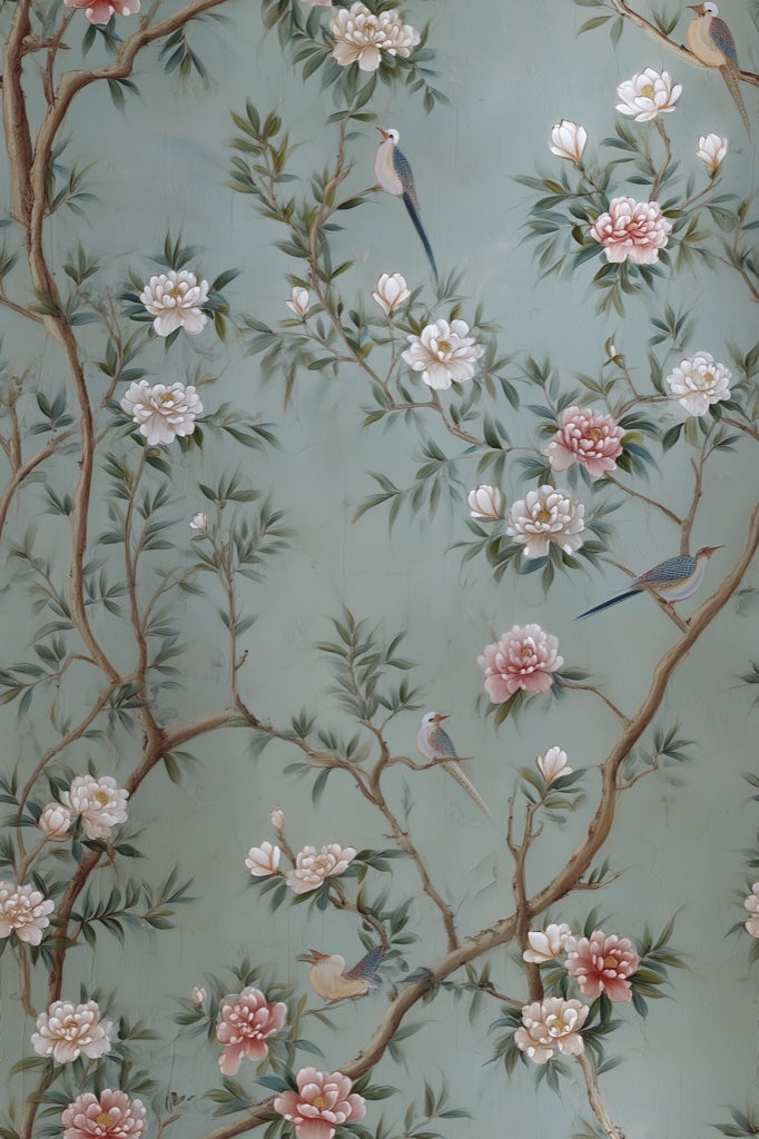 Elegant Sage Green Peony and Bird Wallpaper pattern artwork