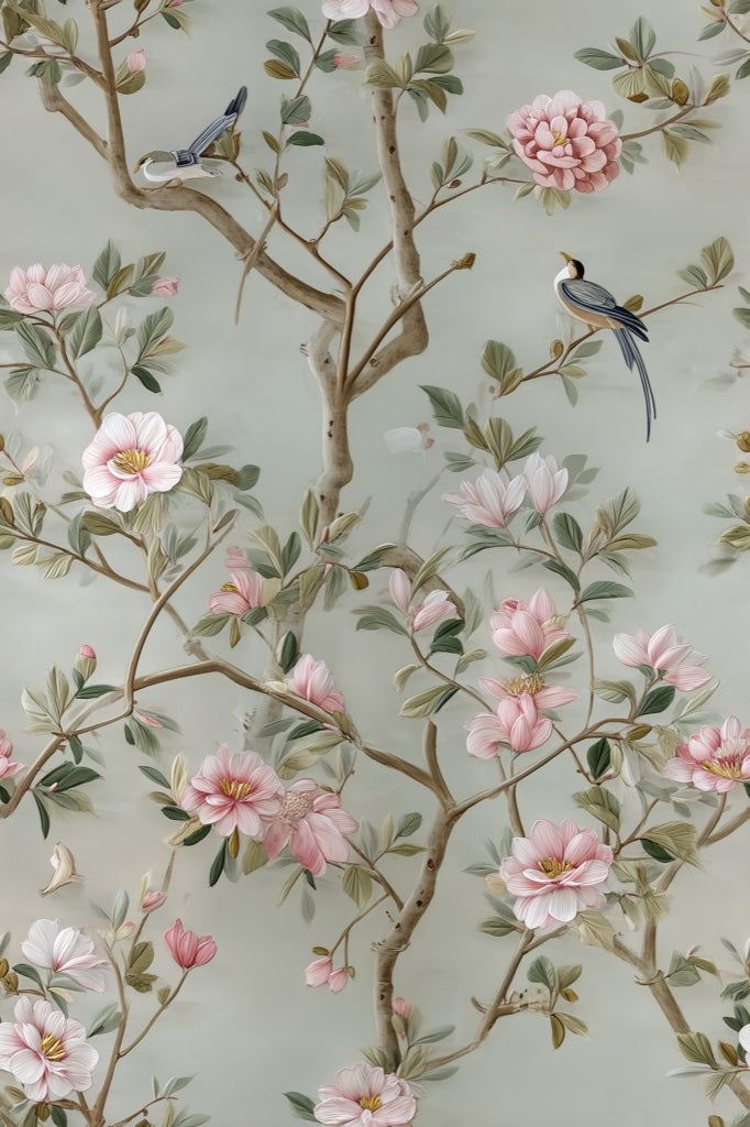 Sage Green Vintage Floral and Bird Wallpaper pattern artwork