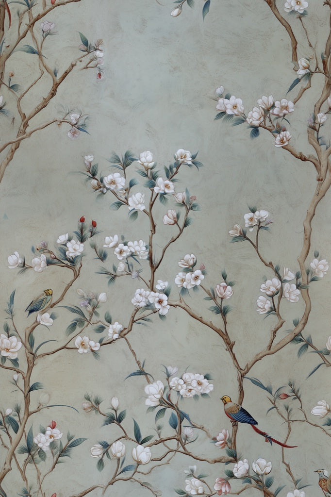 Muted Sage Green Floral Bird Wallpaper pattern artwork