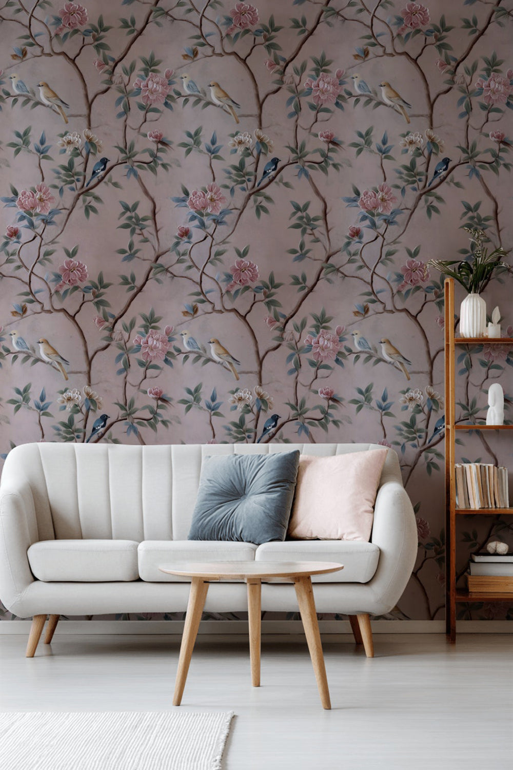 Soft Pink Chinoiserie Bird and Rose Wallpaper