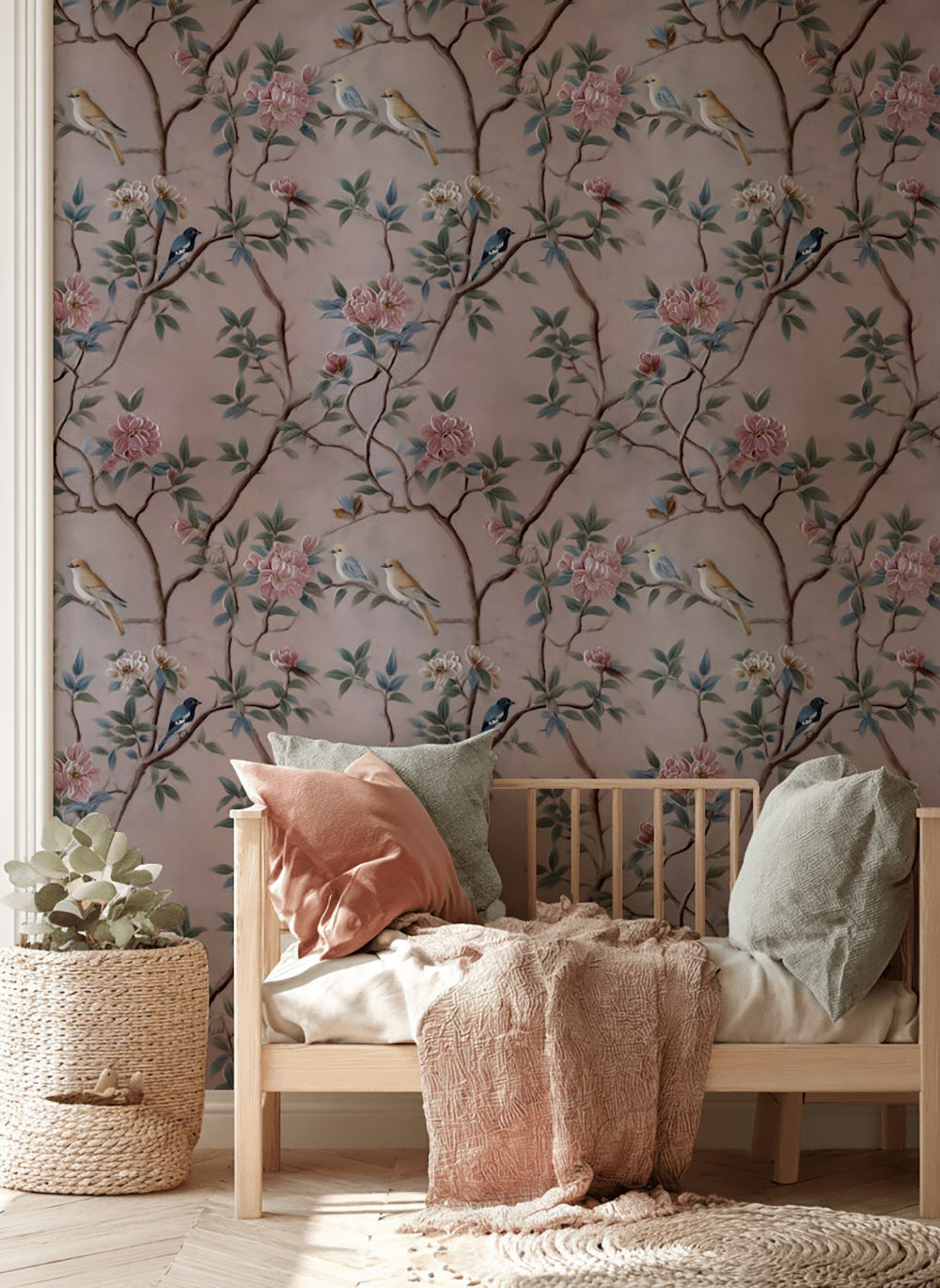 Soft Pink Chinoiserie Bird and Rose Wallpaper
