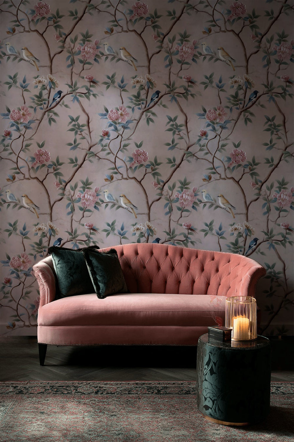 Soft Pink Chinoiserie Bird and Rose Wallpaper