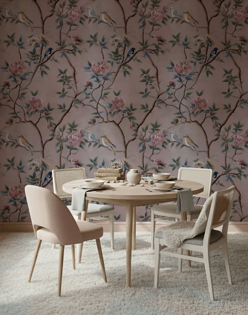 Soft Pink Chinoiserie Bird and Rose Wallpaper