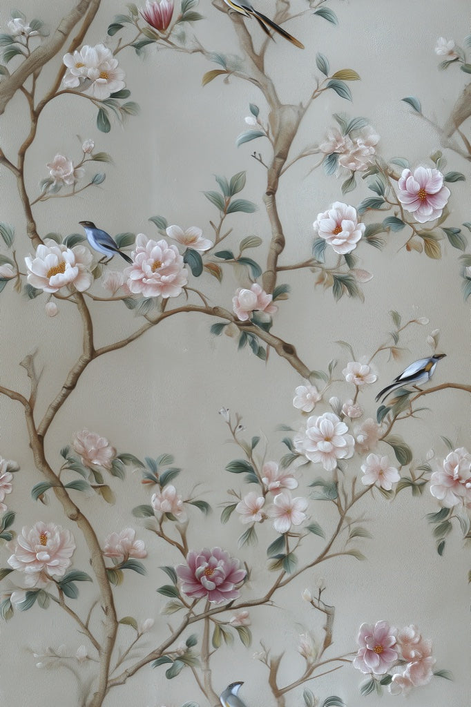 Beige Botanical Rose and Bird Harmony Wallpaper pattern artwork