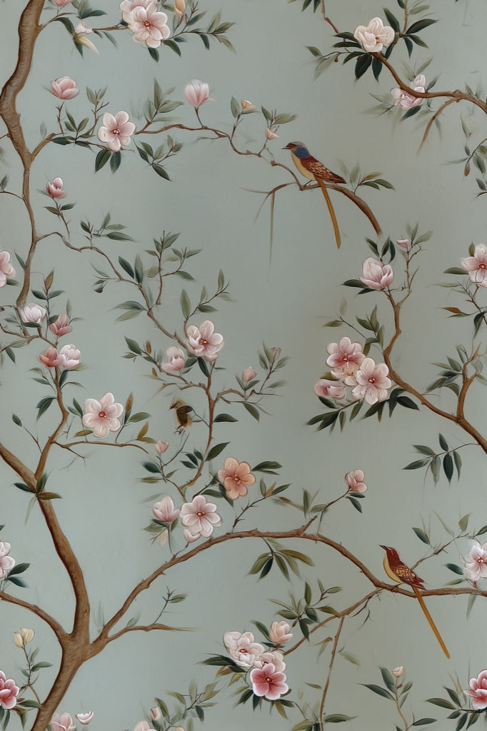 Sage Green Cherry Blossom and Bird Wallpaper pattern artwork