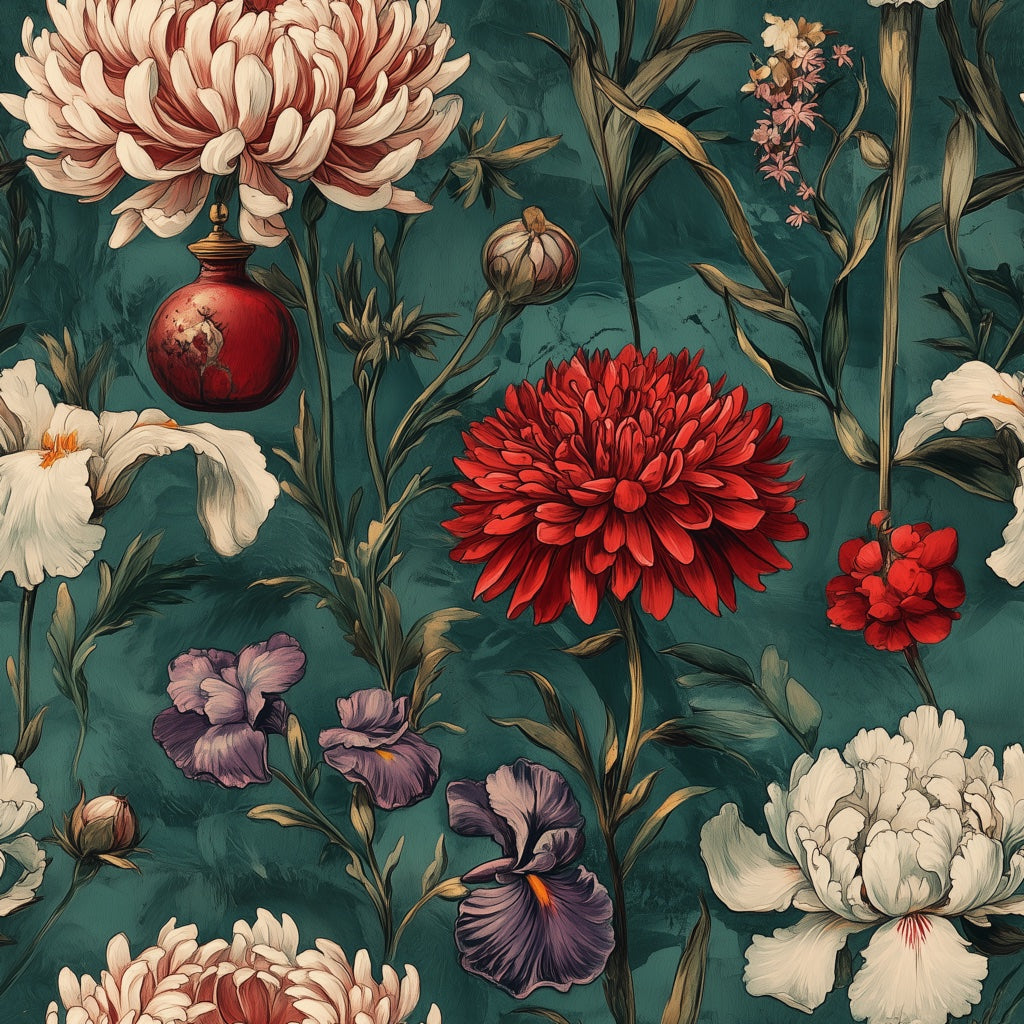 Emerald Green Vintage Floral Bloom Wallpaper pattern artwork