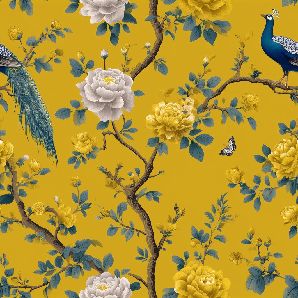 Golden Look Yellow Peacock and Rose Floral Wallpaper pattern artwork