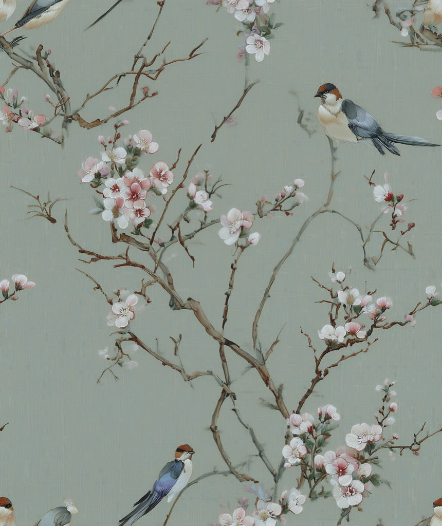 Sage Green Cherry Blossom Bird Wallpaper pattern artwork