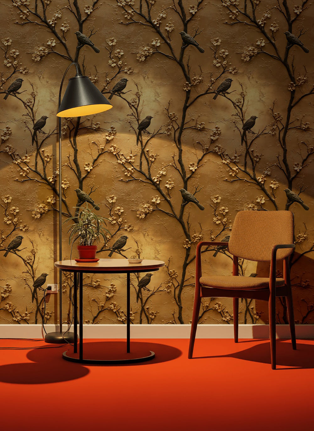 Rich Gold Look Cherry Blossom & Bird Wallpaper