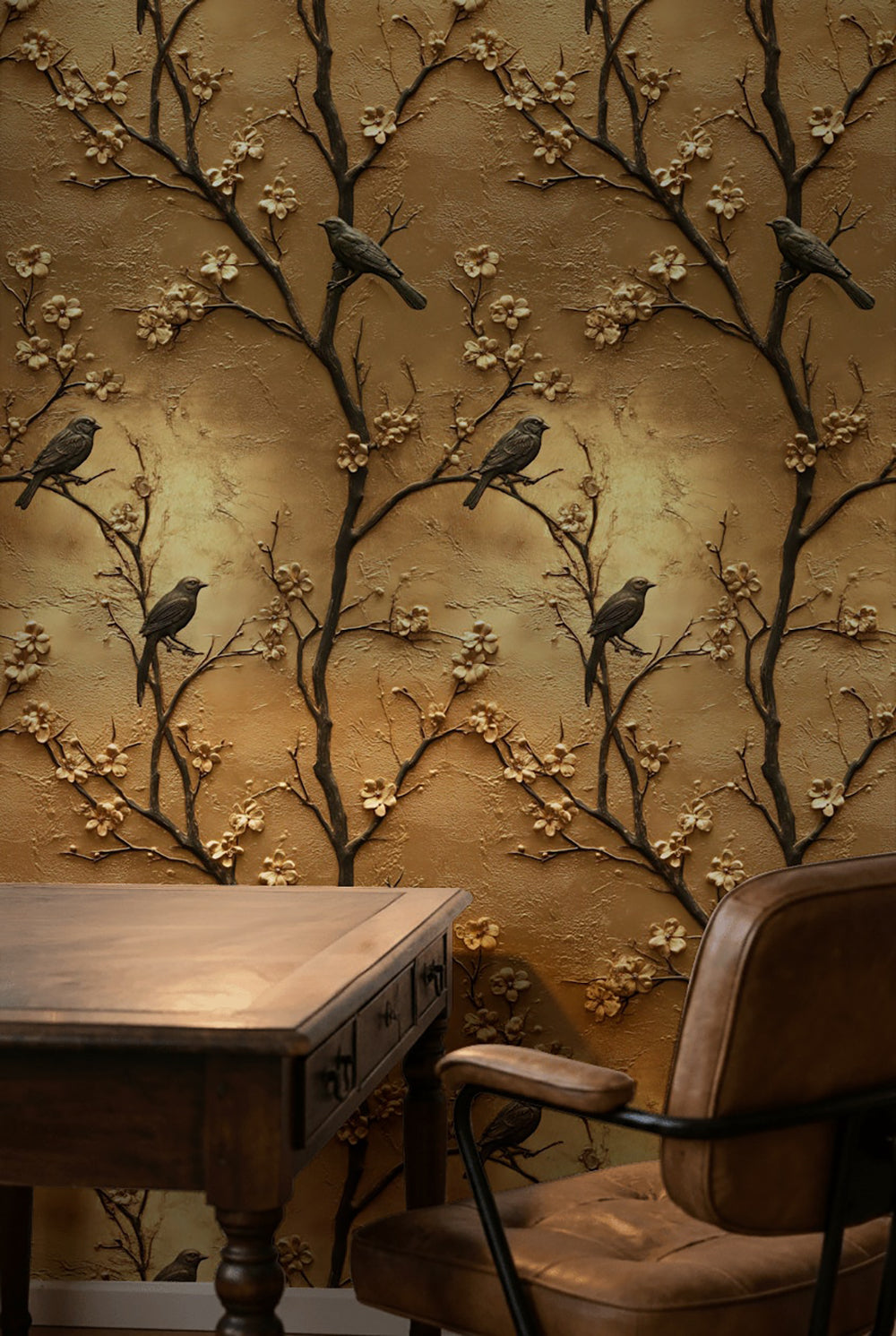 Rich Gold Look Cherry Blossom & Bird Wallpaper