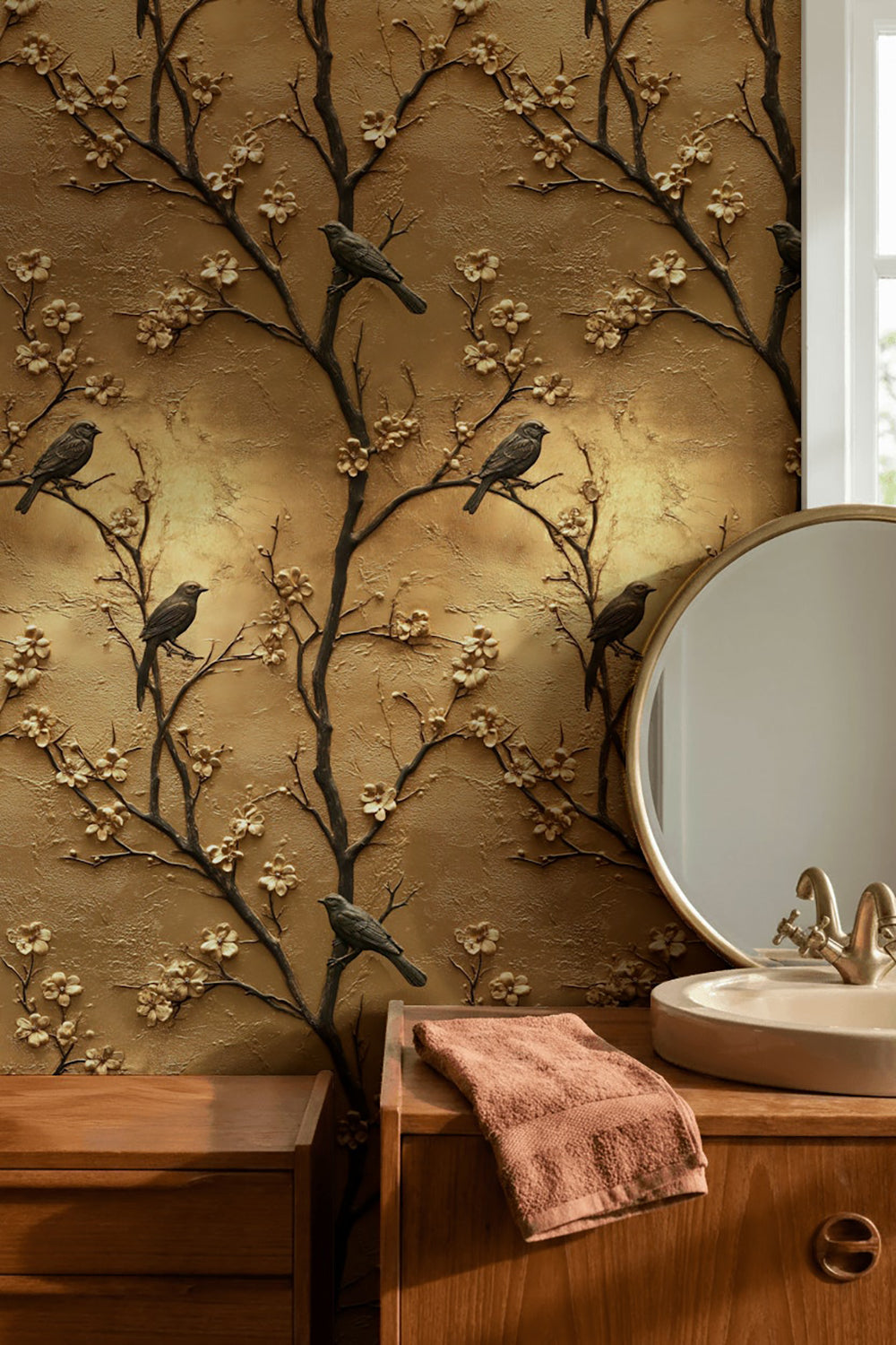 Rich Gold Look Cherry Blossom & Bird Wallpaper