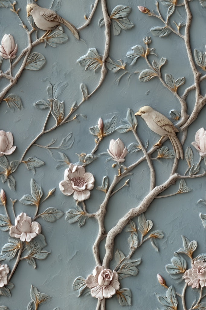Serene Blue Magnolia and Bird Wallpaper pattern artwork