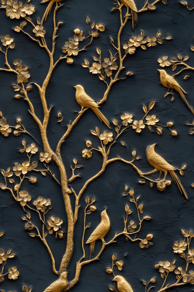 Black and Gold Look Bird and Cherry Blossom Wallpaper pattern artwork