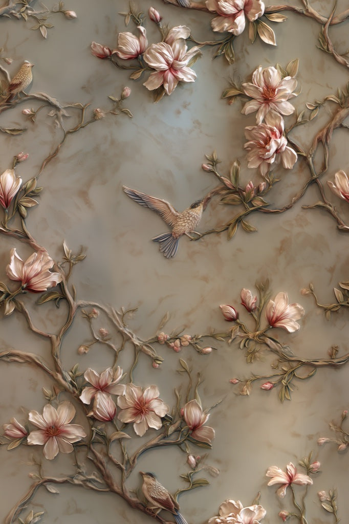 Gray and Pink Magnolia Bird Wallpaper pattern artwork