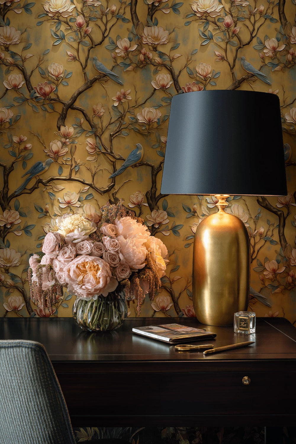 Vintage Beige Magnolia and Bluebird Wallpaper