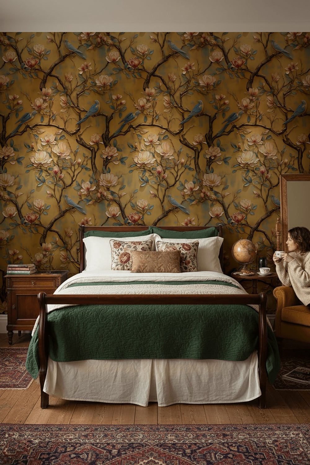 Vintage Beige Magnolia and Bluebird Wallpaper