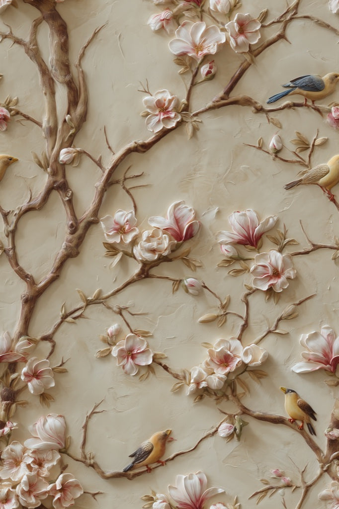 Beige Magnolia Blossom and Bird Wallpaper pattern artwork