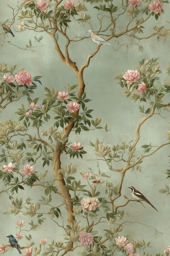 Sage Green Peony and Bird Vintage Wallpaper pattern artwork