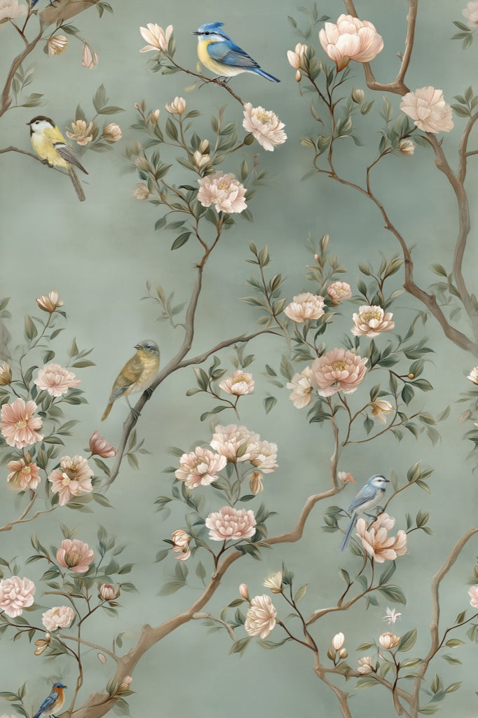 Sage Green Pastel Bird and Blossom Wallpaper pattern artwork