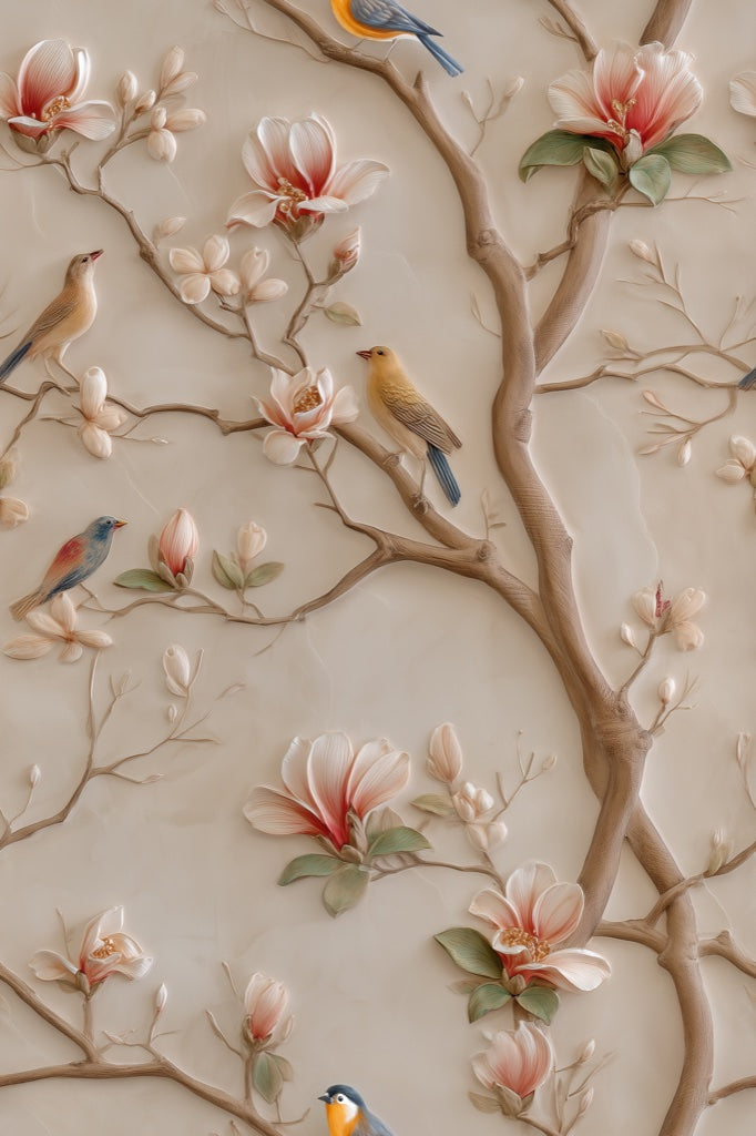 Cream Magnolia and Birds Floral Wallpaper pattern artwork