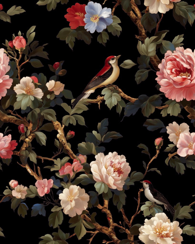 Bold Crimson Peonies and Birds on Black Wallpaper pattern artwork
