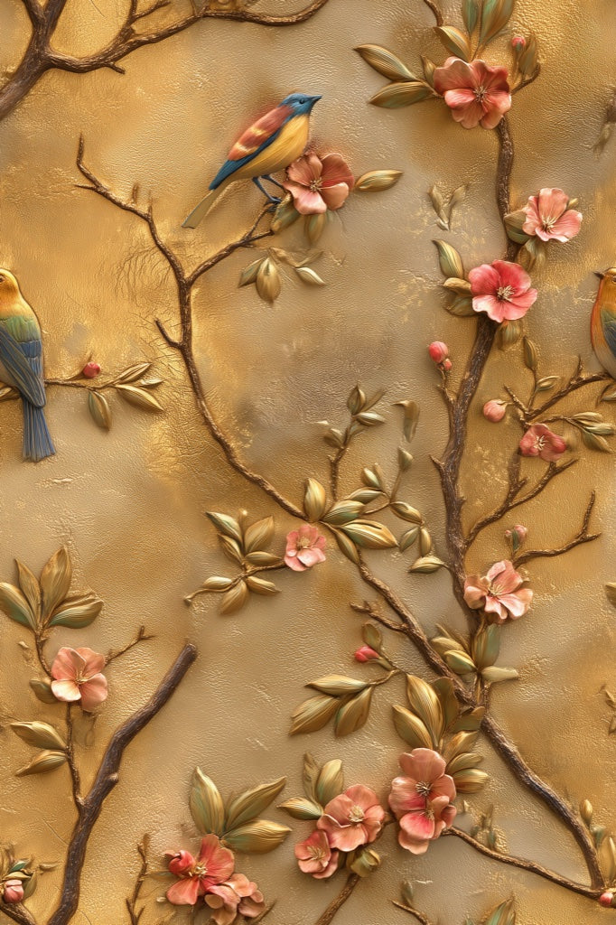 Golden Look Blossom and Bird Vintage Wallpaper pattern artwork