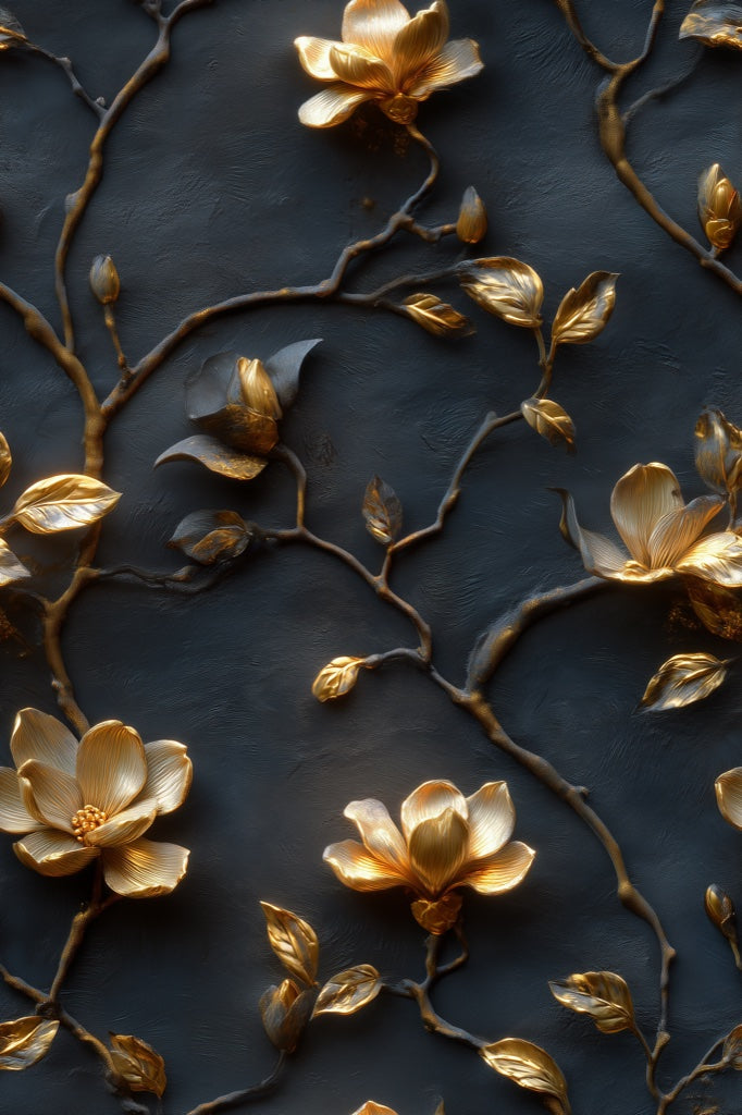Gold Look Magnolia Branches on Dark Background Wallpaper pattern artwork