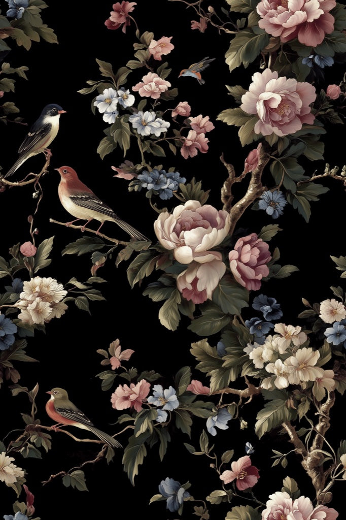 Dark Floral and Bird Motif Wallpaper pattern artwork