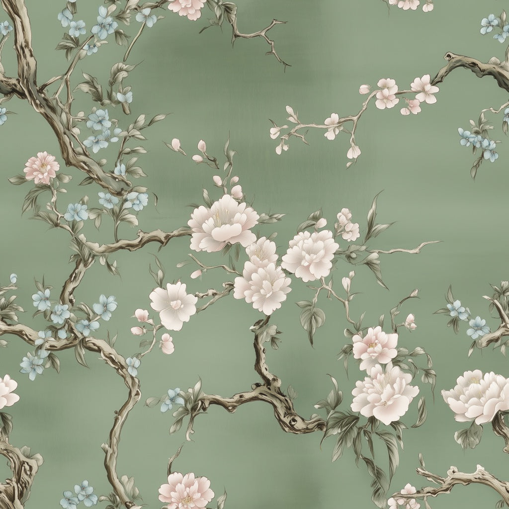 Sage Green Cherry Blossom Floral Wallpaper pattern artwork