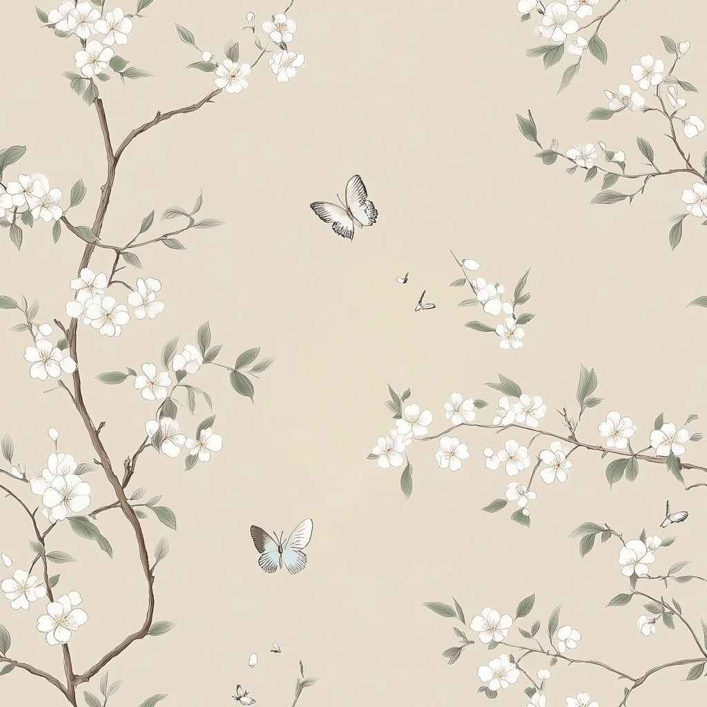Beige Cherry Blossom and Butterfly Wallpaper pattern artwork