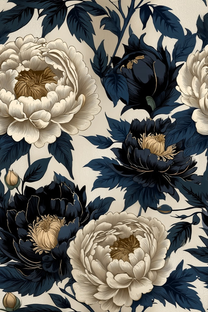 Beige and Navy Blue Peony Floral Wallpaper pattern artwork