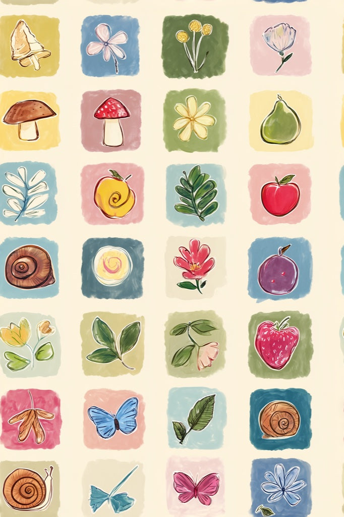 Cream Multicolor Nature Squares Kids Wallpaper pattern artwork
