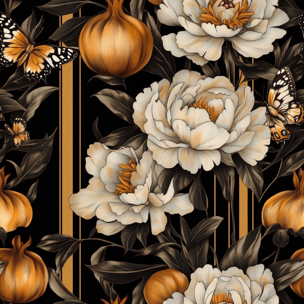 Black and Gold Look Peony Butterfly Floral Wallpaper pattern artwork