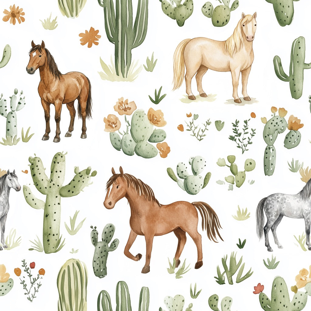 White Desert Cactus and Horse Pattern Wallpaper pattern artwork
